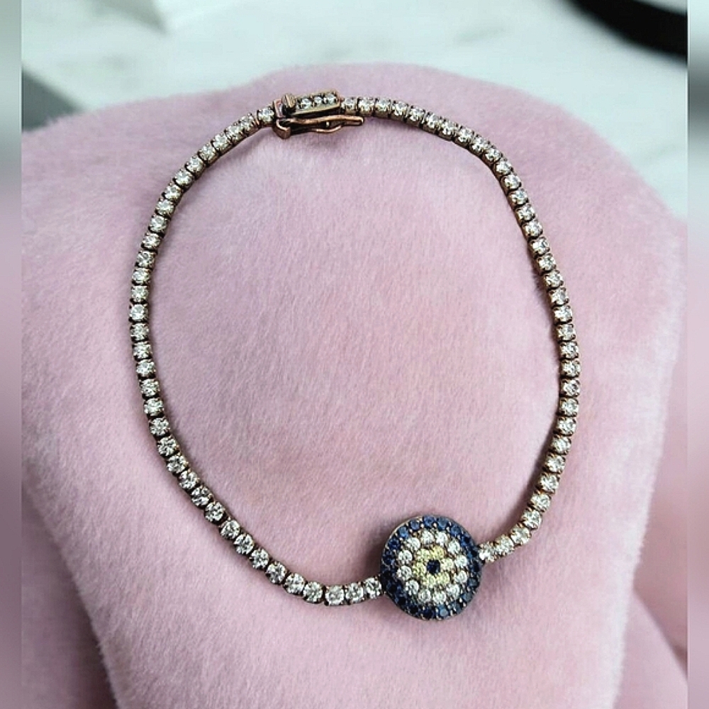 Sterling Silver '925' Gold Vermeil Clear Rhinestone Evil Eye Tennis Bracelet - Picture 3 of 10